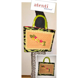 Atenti Vibrant Eclectic Velvet Zebra Print Raffia Floral Top Handle Bag Handmade